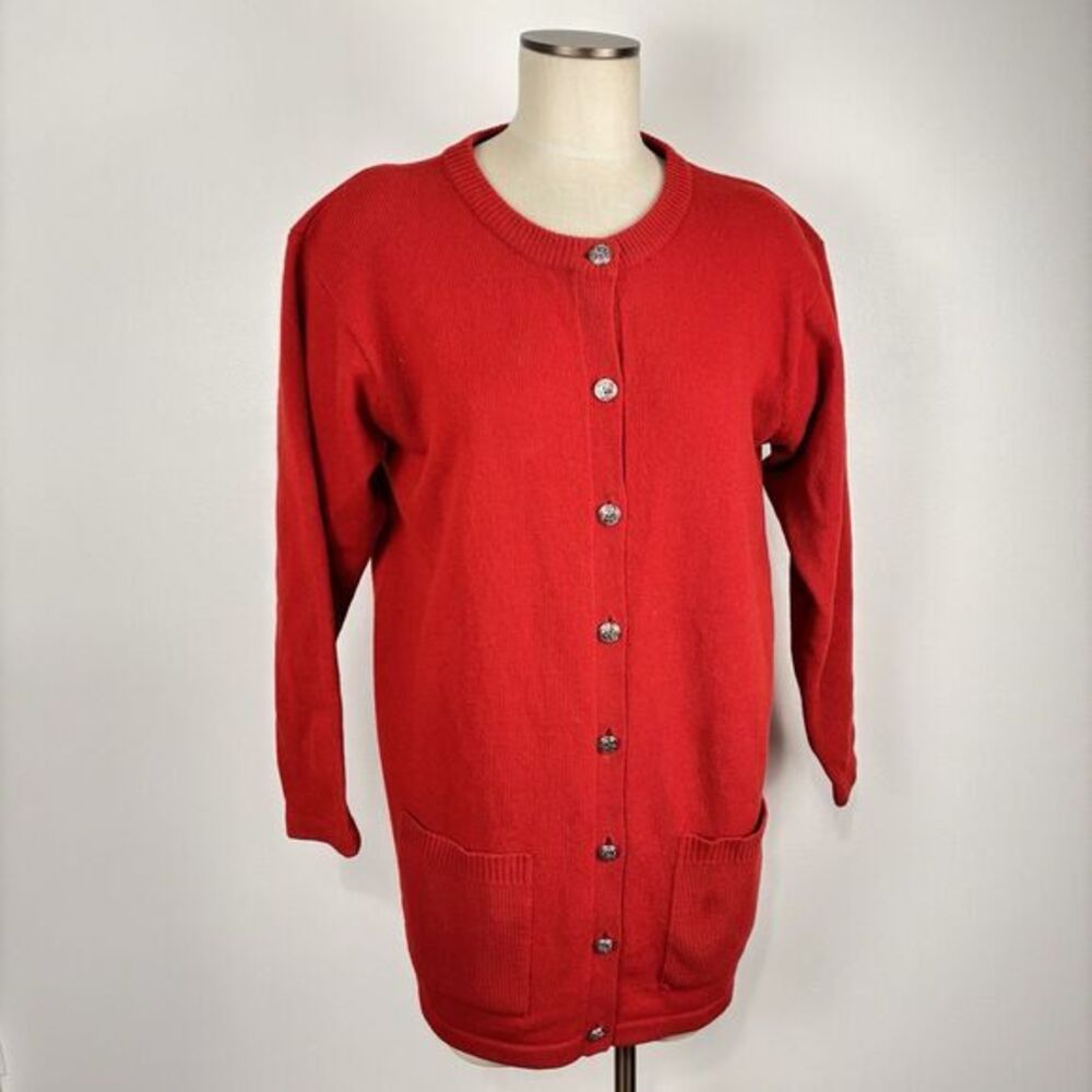 Vintage 90s Laura Ashley Women's RED L Pure New Wool Cardigan Sweater Pockets